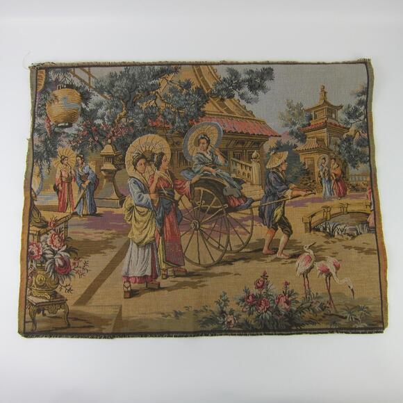 Vintage French Tapestry Japanese Geisha Parasol Cart Pagoda with Rod 25 x 19